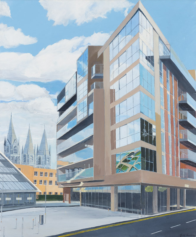 Acrylic on canvas, cityscape painting, glass walled, modern architecture, office block, cities skyline, 19th Century cathedral, puffy clouds, Bright Palette, Perspective, Natural Lighting